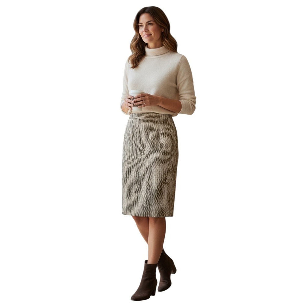 J.Crew No. 2 Pencil Skirt Size 4 Ivory Black Cotton Linen Textured‎ Dot Print
